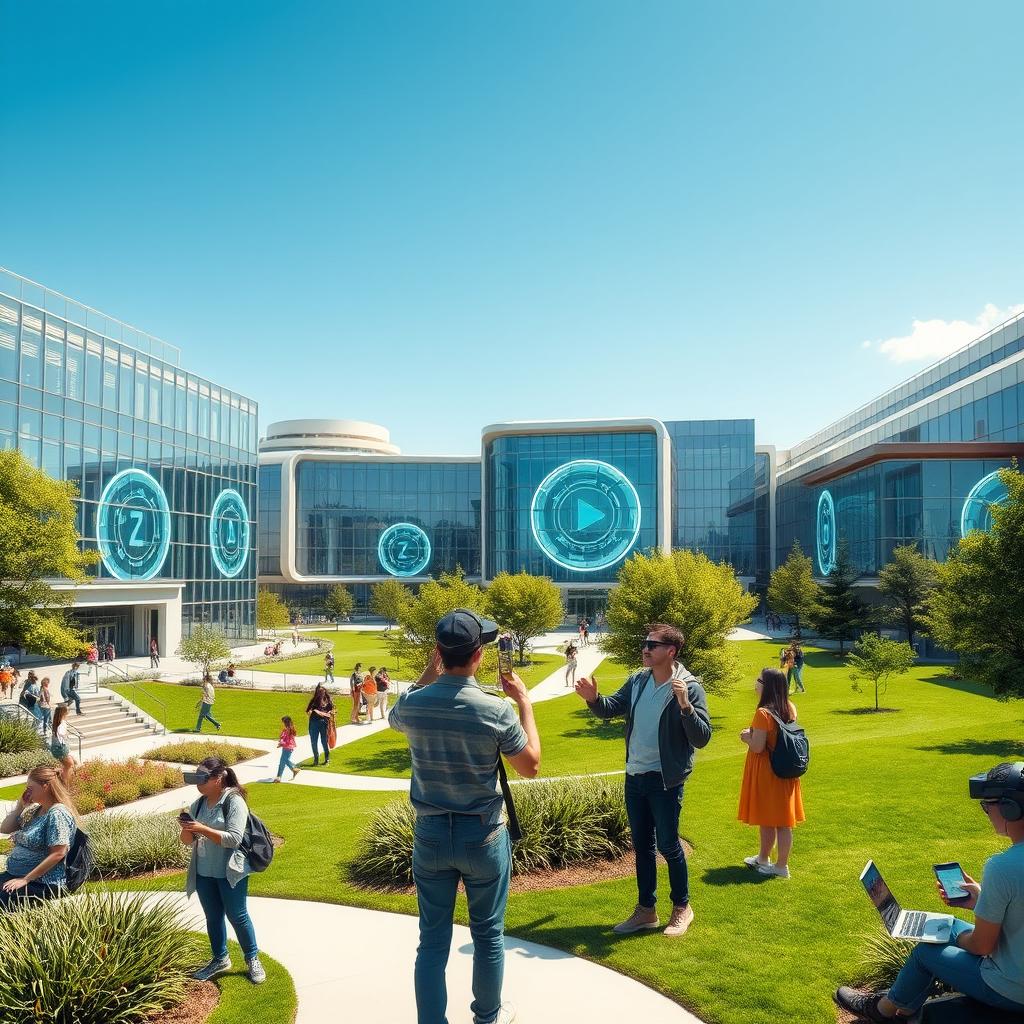 A modern and futuristic university campus dedicated to augmented reality, featuring sleek, glass buildings with interactive holographic displays, lush green spaces with students using AR glasses, and advanced technology integration throughout the environment