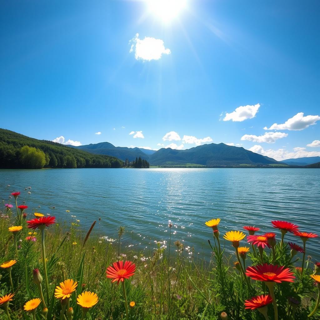 A serene landscape view featuring a tranquil lake surrounded by lush green trees and mountains in the distance