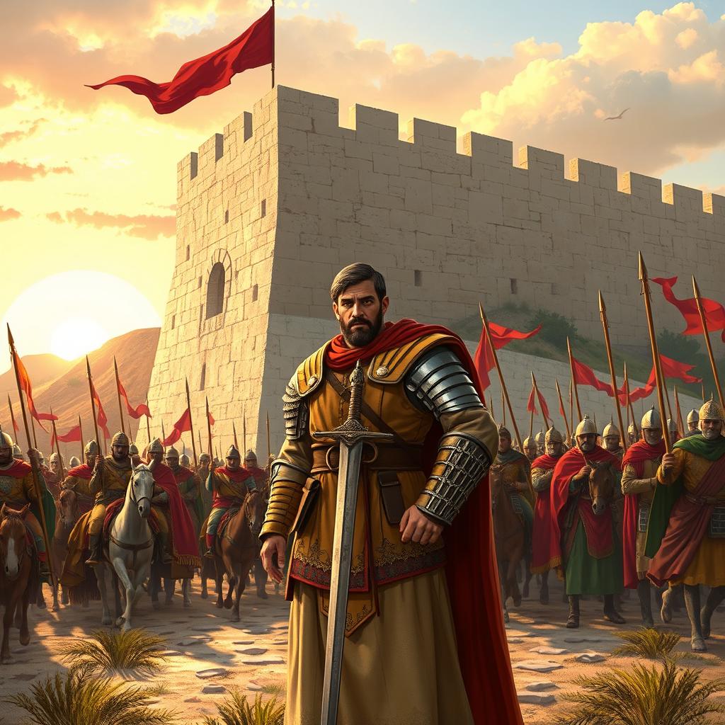 A historical scene depicting a character dressed in traditional medieval armor alongside Salah ad-Din al-Ayyubi's army at the walls of Jerusalem