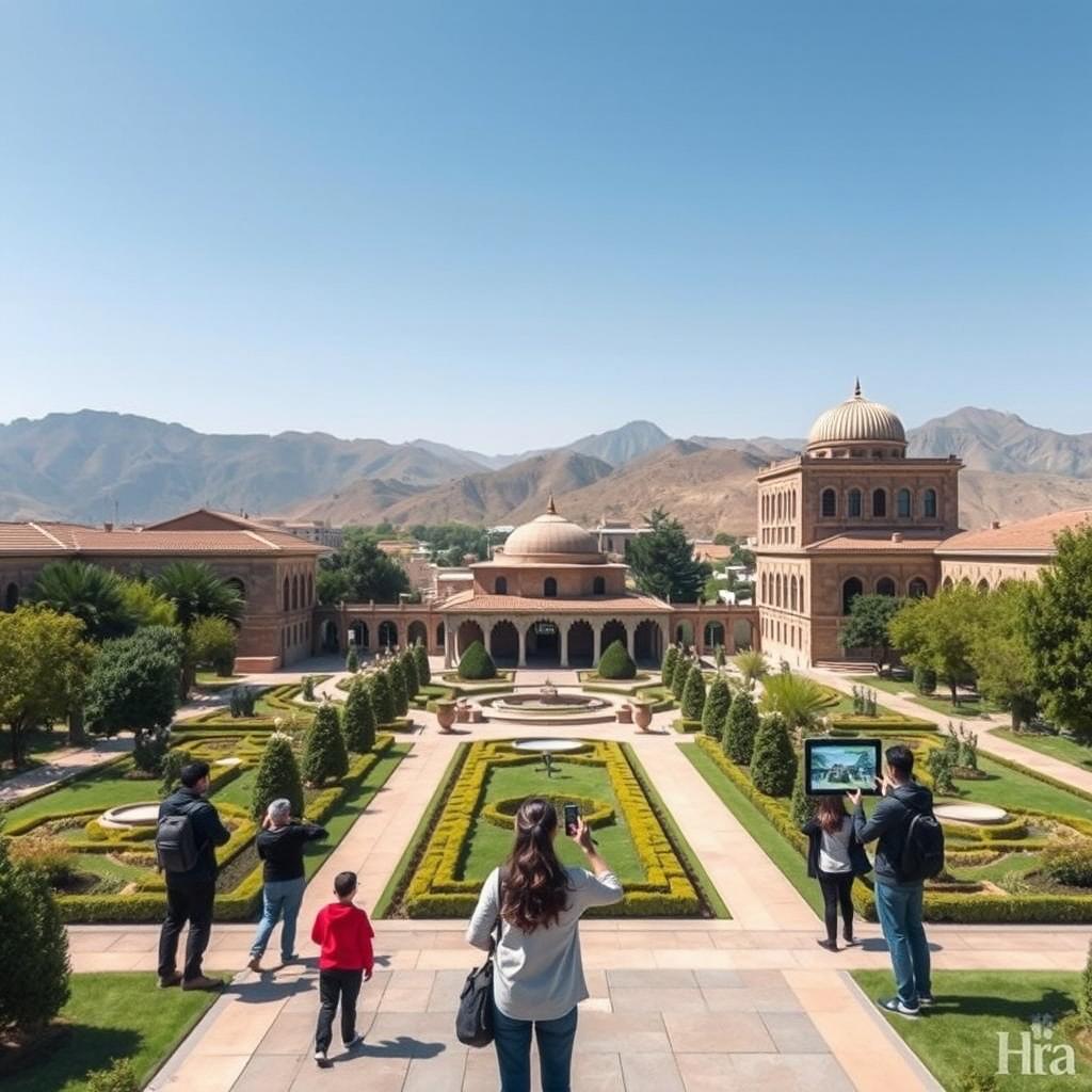 A picturesque view of Kashan University with a focus on augmented reality technology, showcasing traditional Persian architecture blended with modern elements