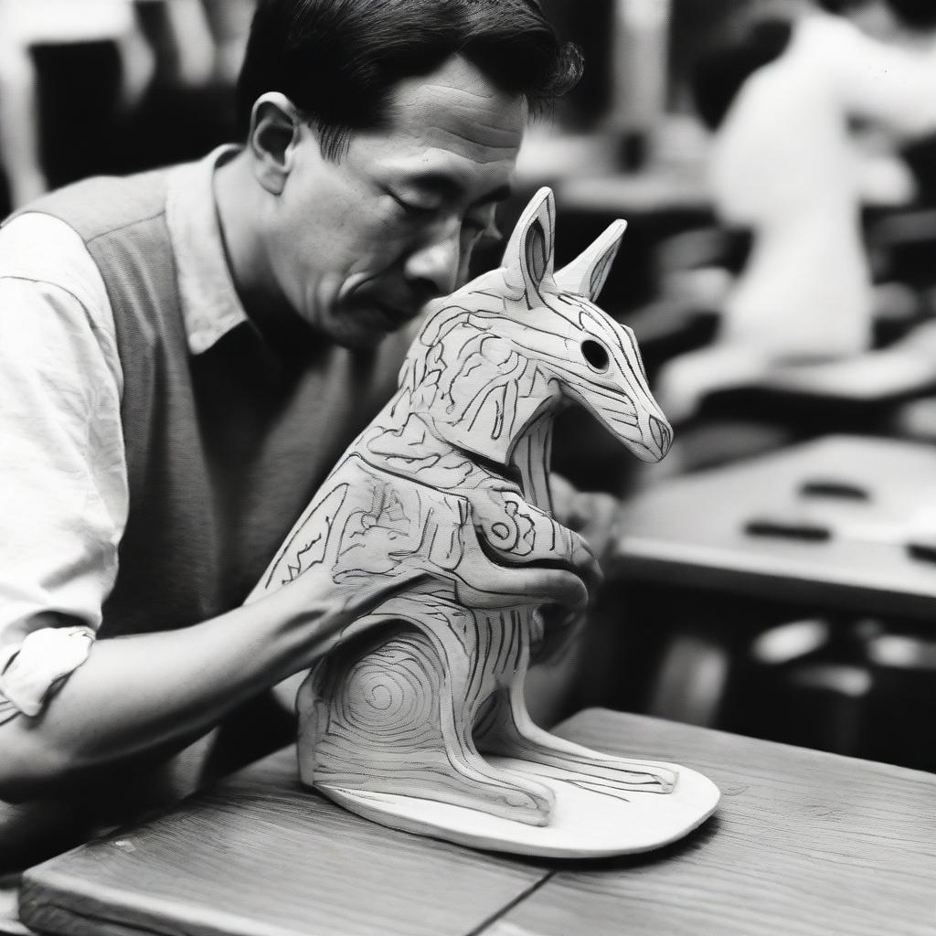 A man is meticulously sewing a vintage woodcut-style kangaroo-shaped backpack in a bag factory.