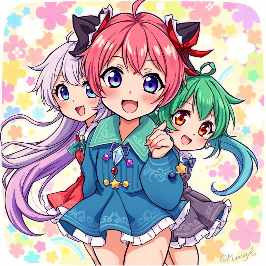 A vibrant anime style drawing inspired by the original picture, featuring exaggerated facial expressions, colorful hair, oversized eyes, and dynamic poses