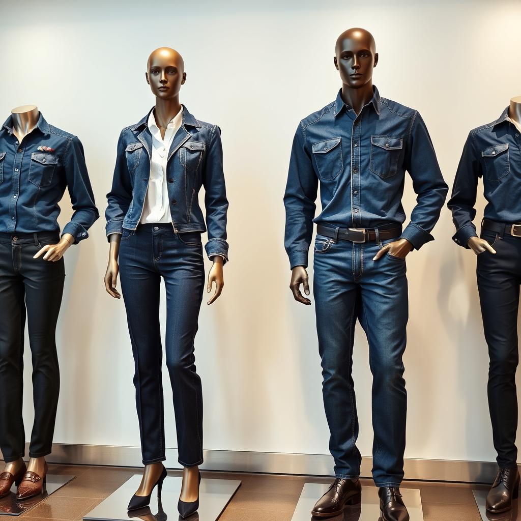 A display of mannequins wearing professional-looking denim uniforms for both male and female employees