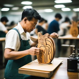 A man is meticulously sewing a vintage woodcut-style kangaroo-shaped backpack in a bag factory.