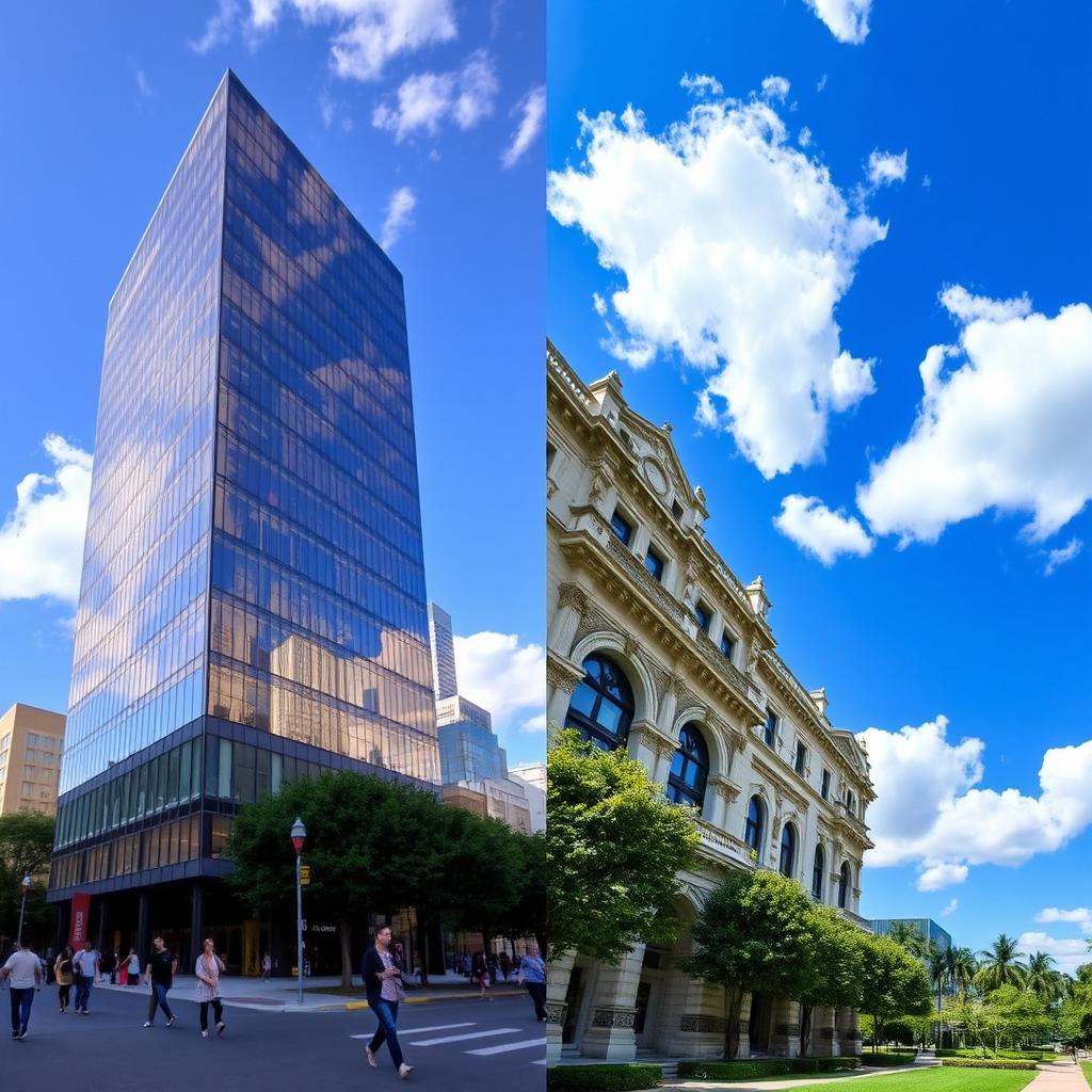 A contrast of two distinct architectural styles in one image: the left side features a modern skyscraper with sleek glass facades and sharp geometric lines, showcasing a vibrant urban environment with bustling people, while the right side presents an elegant historical building with ornate facades, intricate stone carvings, and large arched windows, surrounded by lush greenery and a tranquil park setting