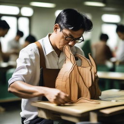 A man is meticulously sewing a vintage woodcut-style kangaroo-shaped backpack in a bag factory.