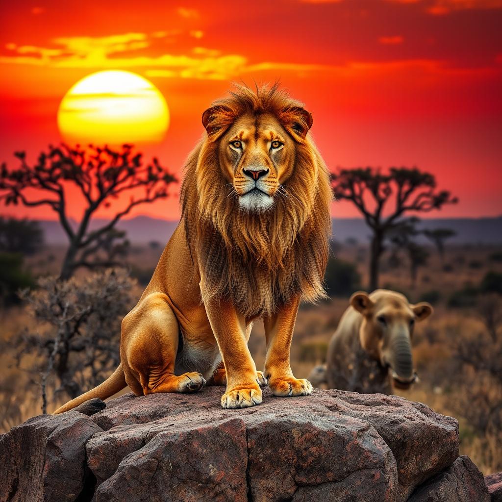 A majestic lion seated regally on a rocky outcrop in the African savannah, with a golden mane flowing in the gentle breeze