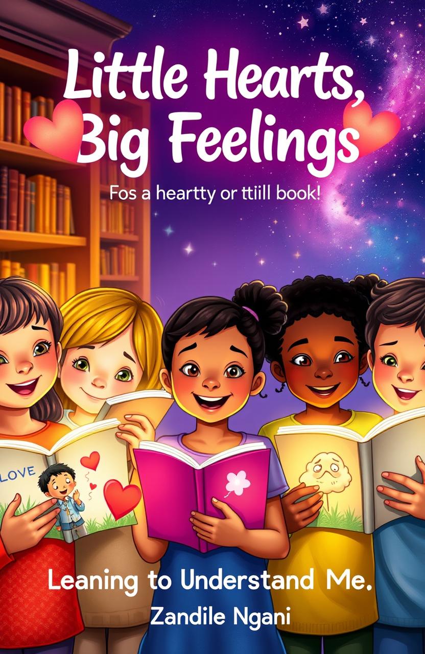 A group of children holding open glowing books, with vivid illustrated emotions appearing as magical creatures, such as a floating heart symbolizing love, a spark representing anger, and a soft cloud symbolizing sadness