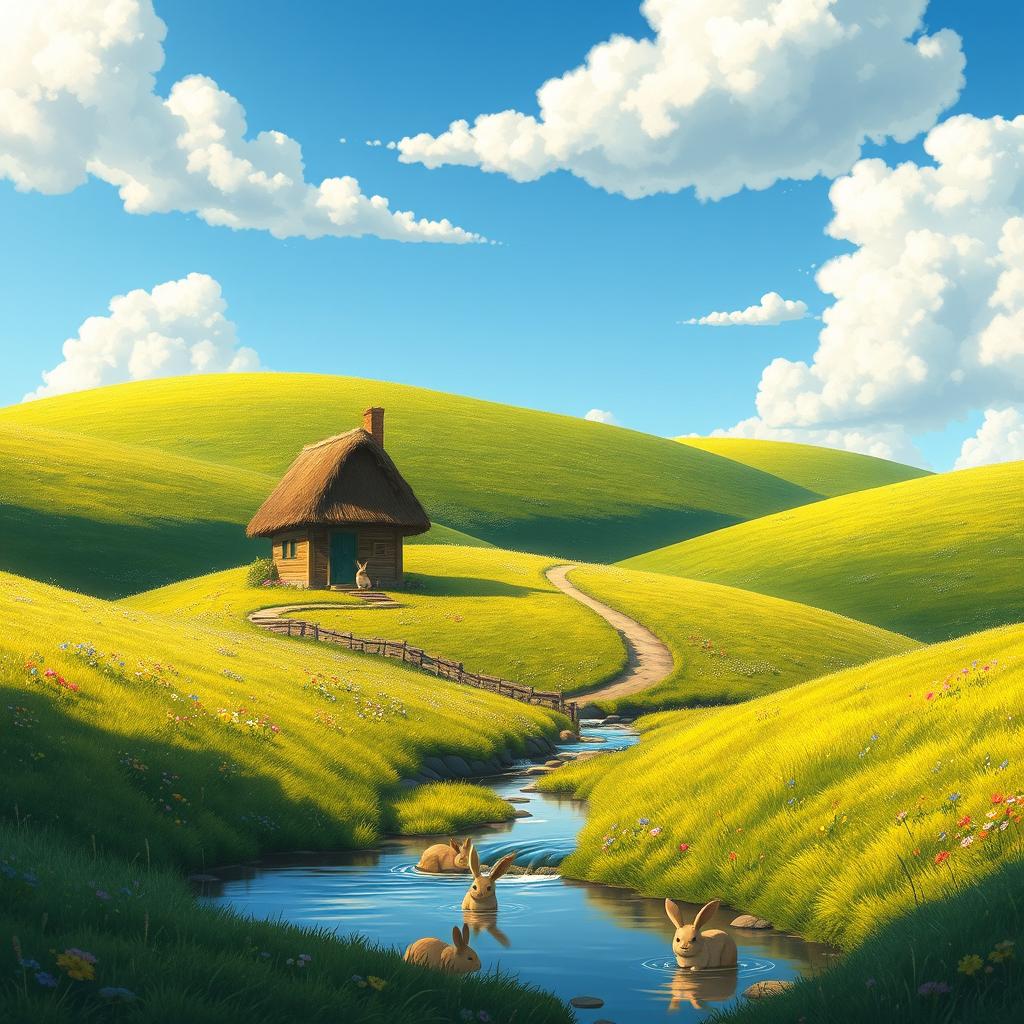 A whimsical landscape depicting a serene countryside scene inspired by Studio Ghibli animations