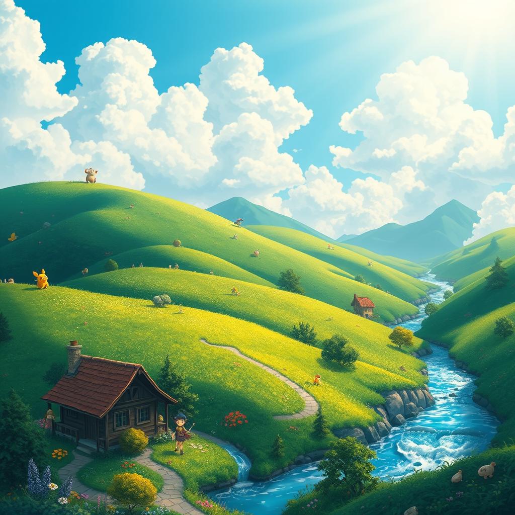 A whimsical, enchanting landscape inspired by Studio Ghibli, featuring lush, green rolling hills, magical creatures peeking through the foliage, and a serene, sparkling river flowing through the scene