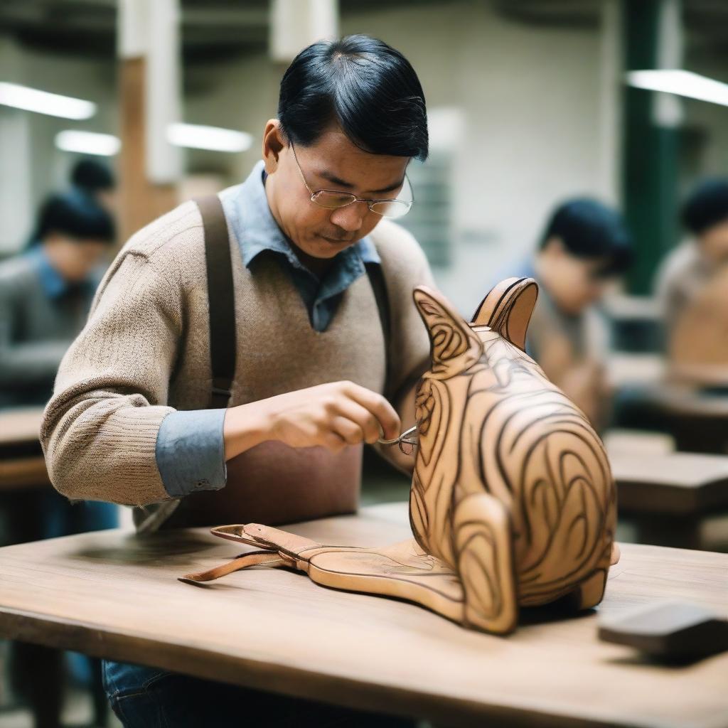 A man is meticulously sewing a vintage woodcut-style kangaroo-shaped backpack in a bag factory.