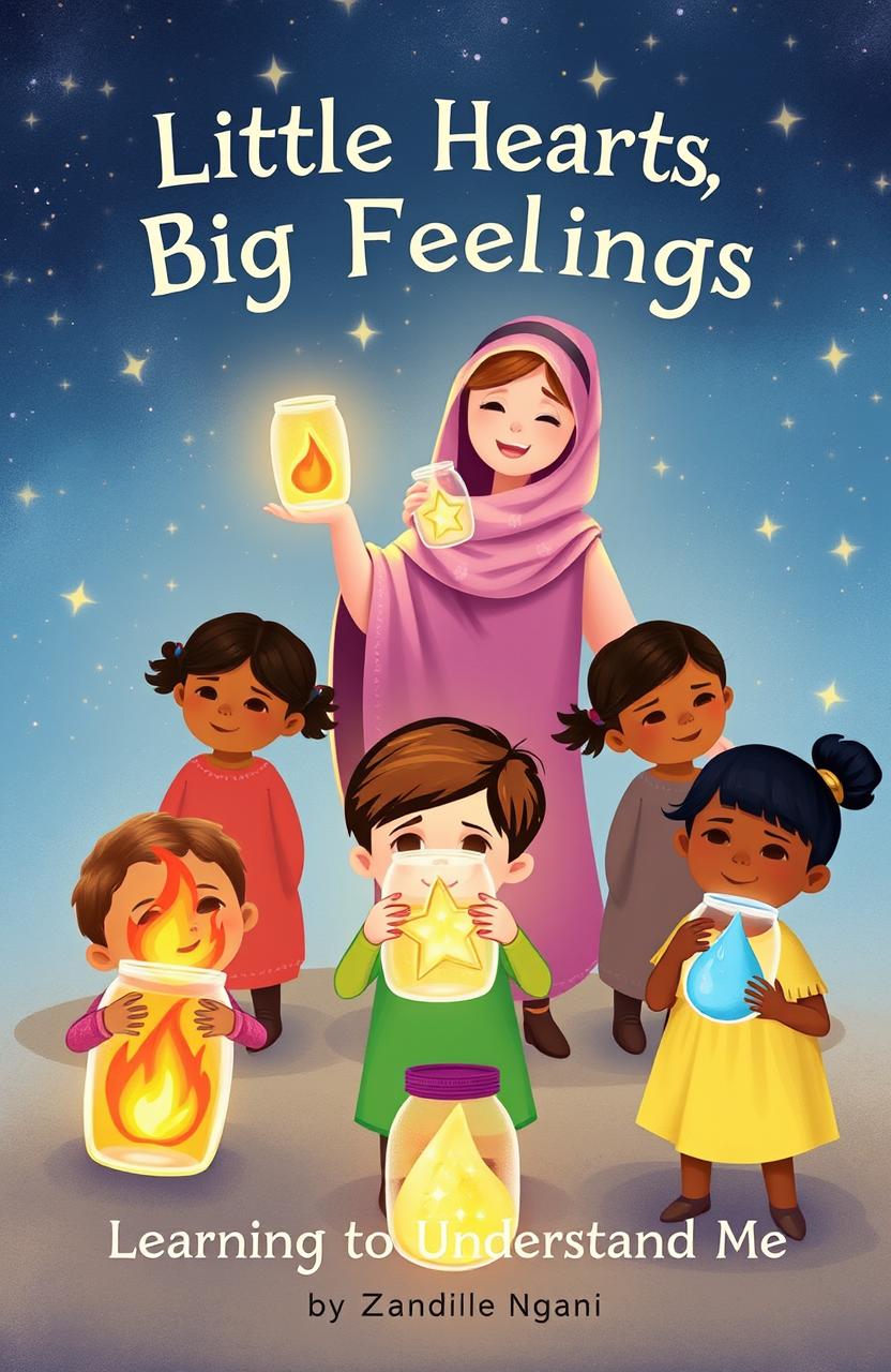 A whimsical scene depicting children holding glowing jars, each containing an illustrated emotion: a vibrant flame for anger, a sparkling star for excitement, and a gentle teardrop for sadness