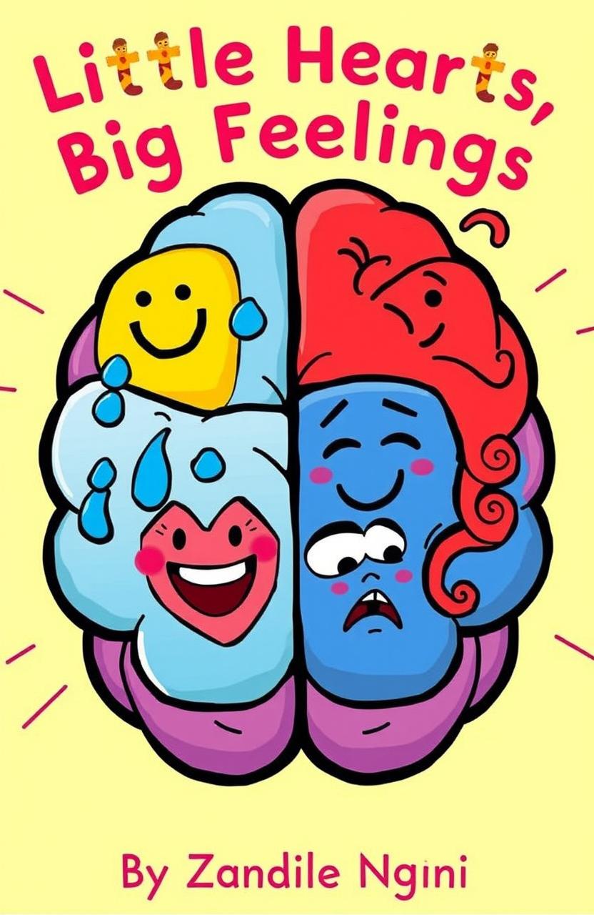 An illustrated brain showcasing different emotions: sections representing happiness with bright colors and smiling faces, sadness with blue hues and teardrops, anger with fiery reds and frowning faces, and anxiety with swirling clouds and anxious expressions