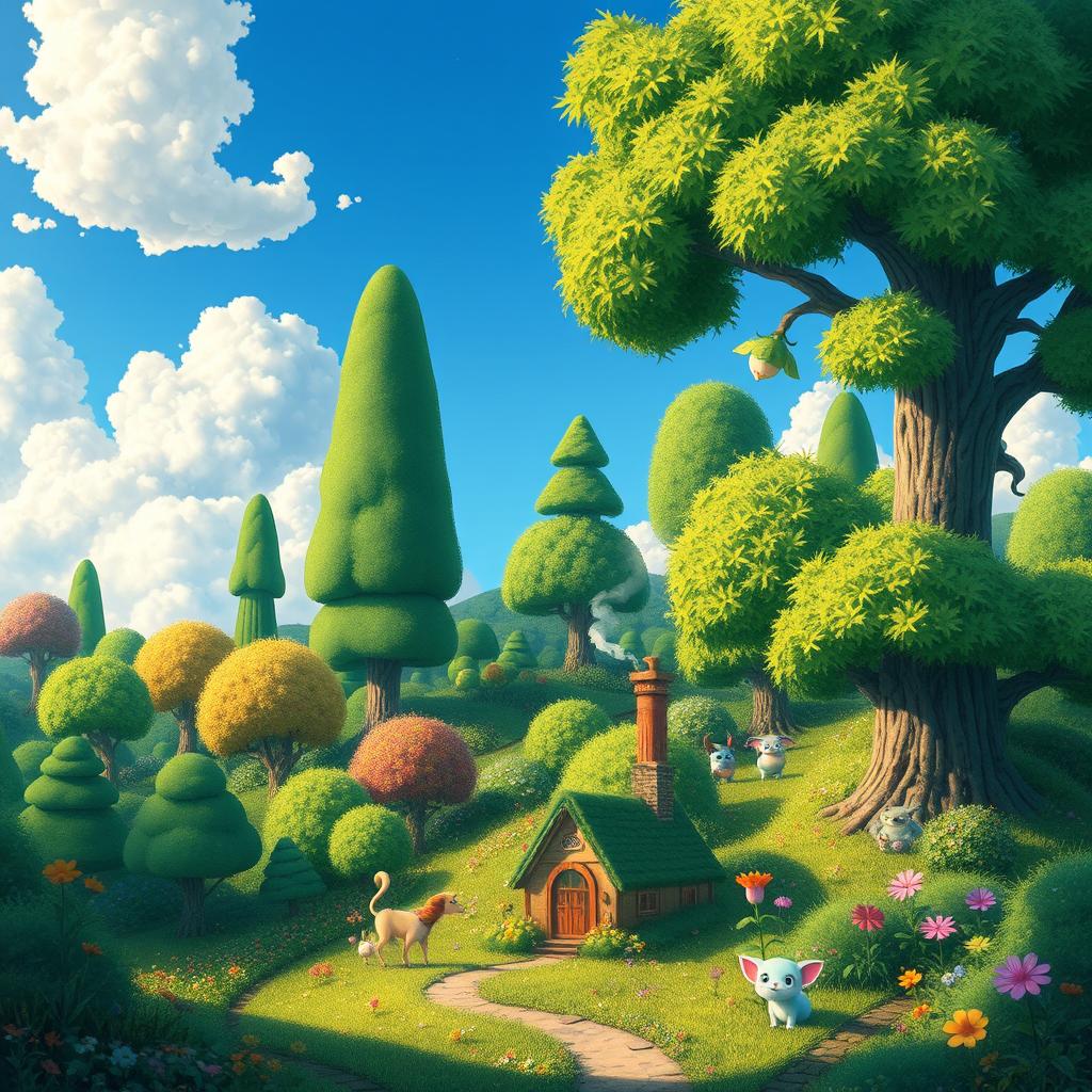 A vibrant and enchanting scene inspired by Studio Ghibli, featuring a lush green landscape filled with towering, whimsical trees and colorful flowers