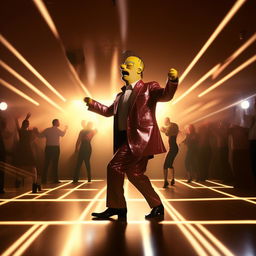 Homer Simpson in a glossy suit, belting out moves on a nightclub dance floor. Spotlights streak across him, illuminating his enthusiastic, albeit clumsy, dance performance.