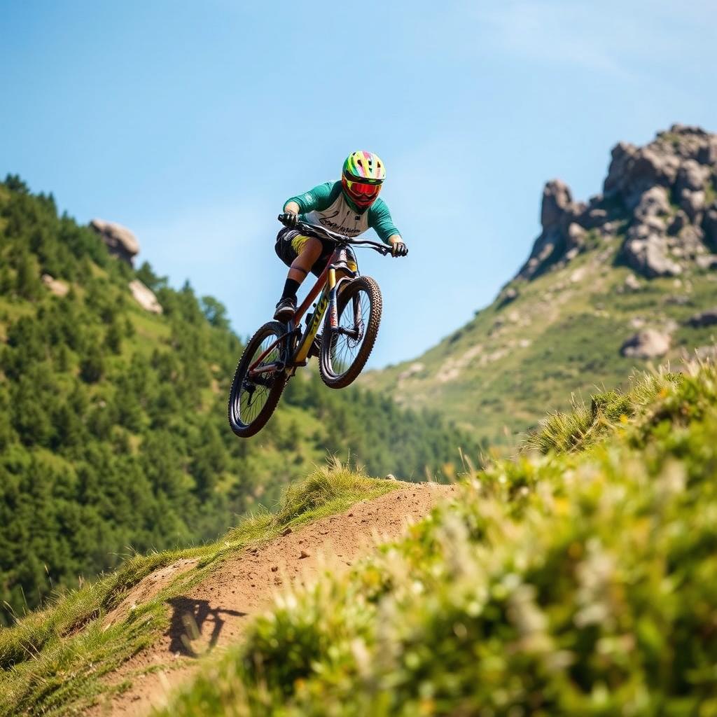 A thrilling downhill mountain biker riding down a steep hill on a full-suspension bike, expertly navigating the terrain