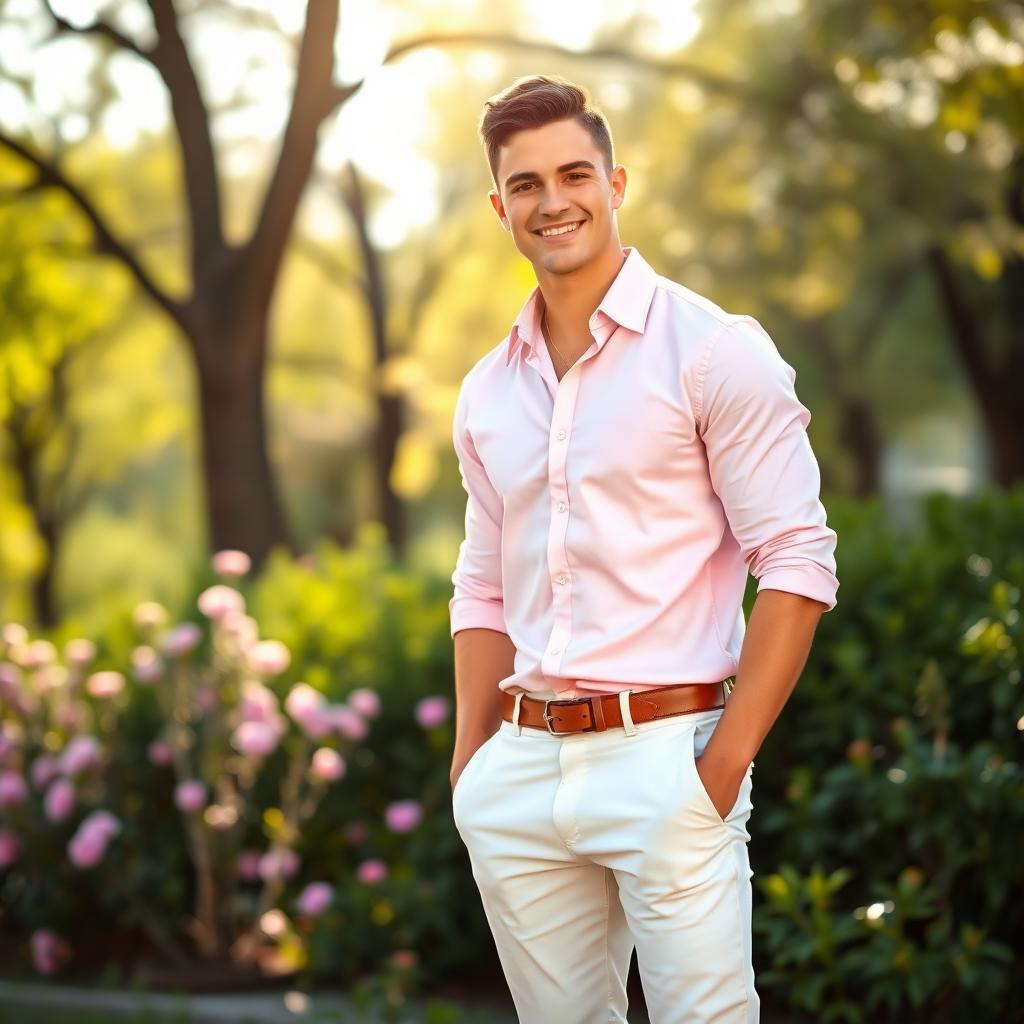 A stylish, fashionable young man standing confidently in a serene park setting