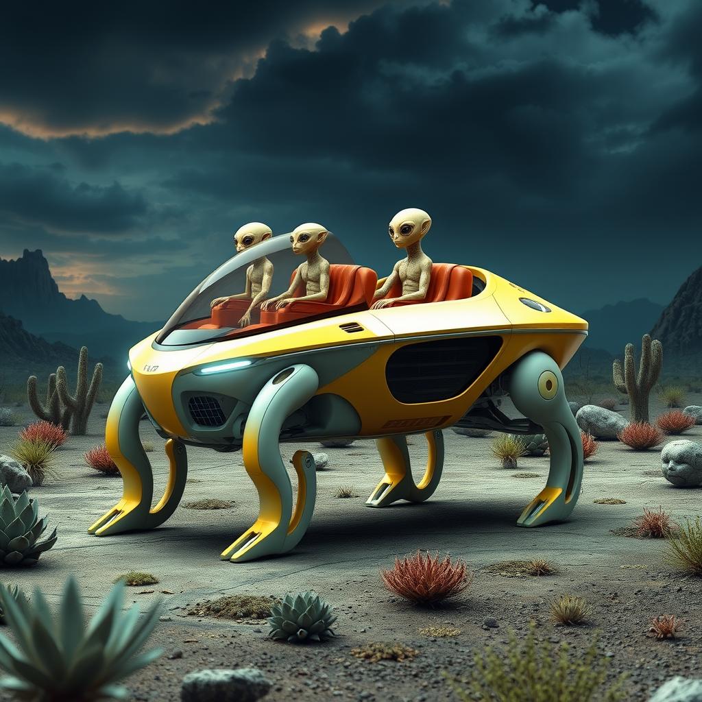 A futuristic alien car designed for extraterrestrial beings, measuring around 3 meters in height