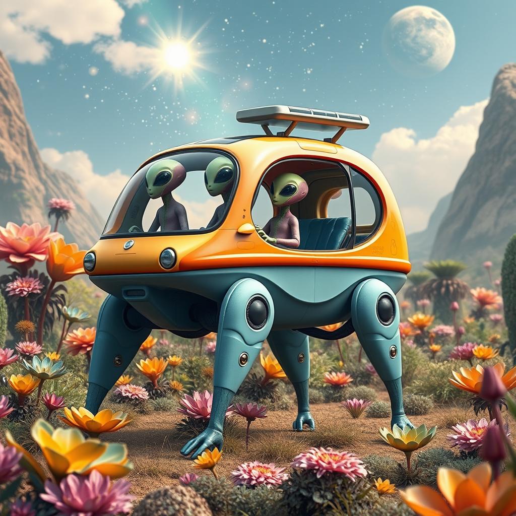 A whimsical alien car, standing at 3 meters tall, designed with strong legs that provide solid support and weak, slender arms