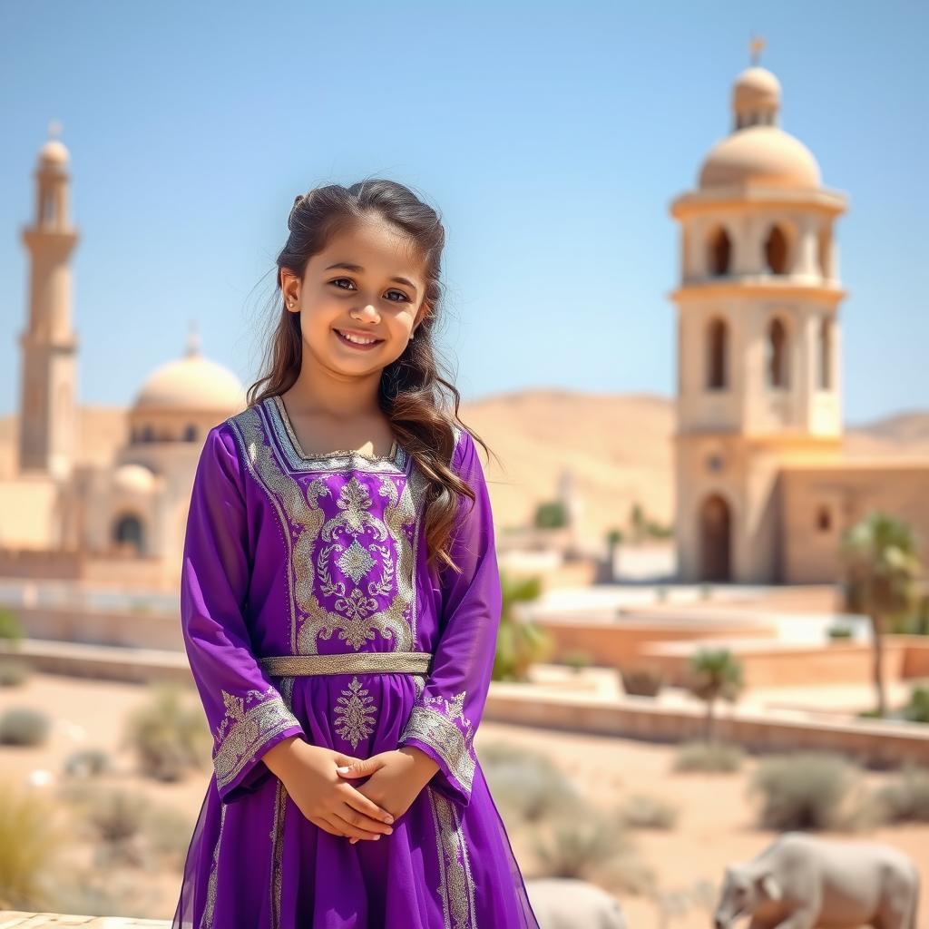 A beautiful young girl wearing a purple and silver dress that represents Omani identity, standing in a picturesque landscape of Oman