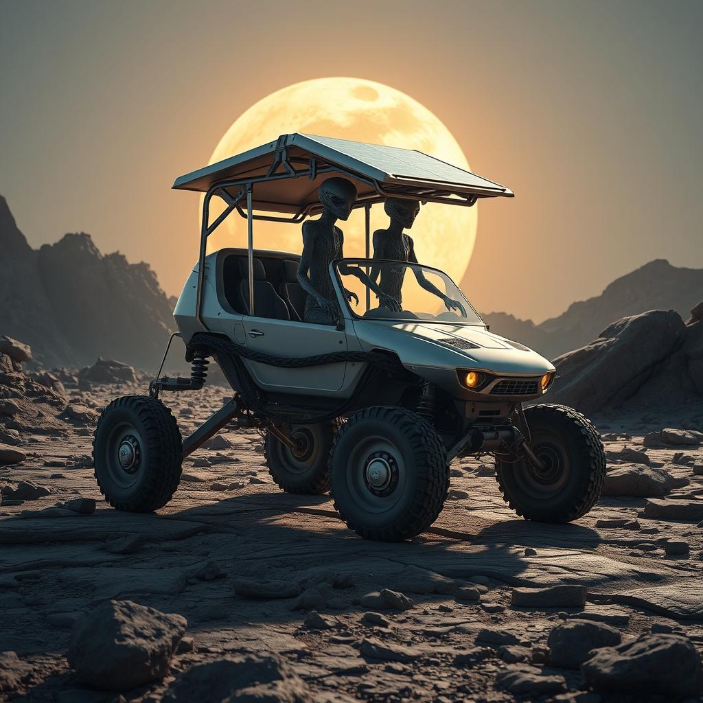 A stunning scene featuring an alien car standing at 3 meters tall, equipped with strong, sturdy legs and weak, slender arms