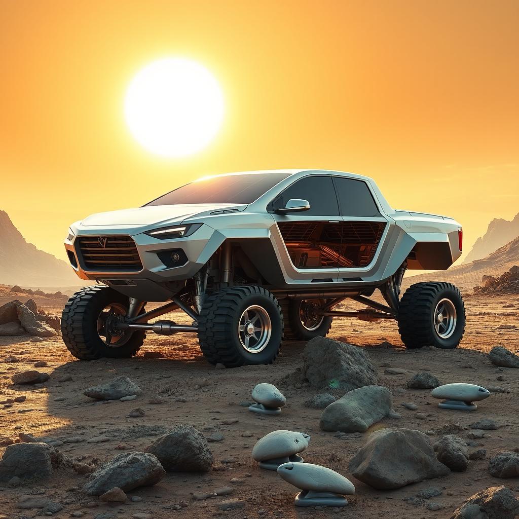 A grand alien vehicle designed like a large Tesla pickup truck, standing at 3 meters tall
