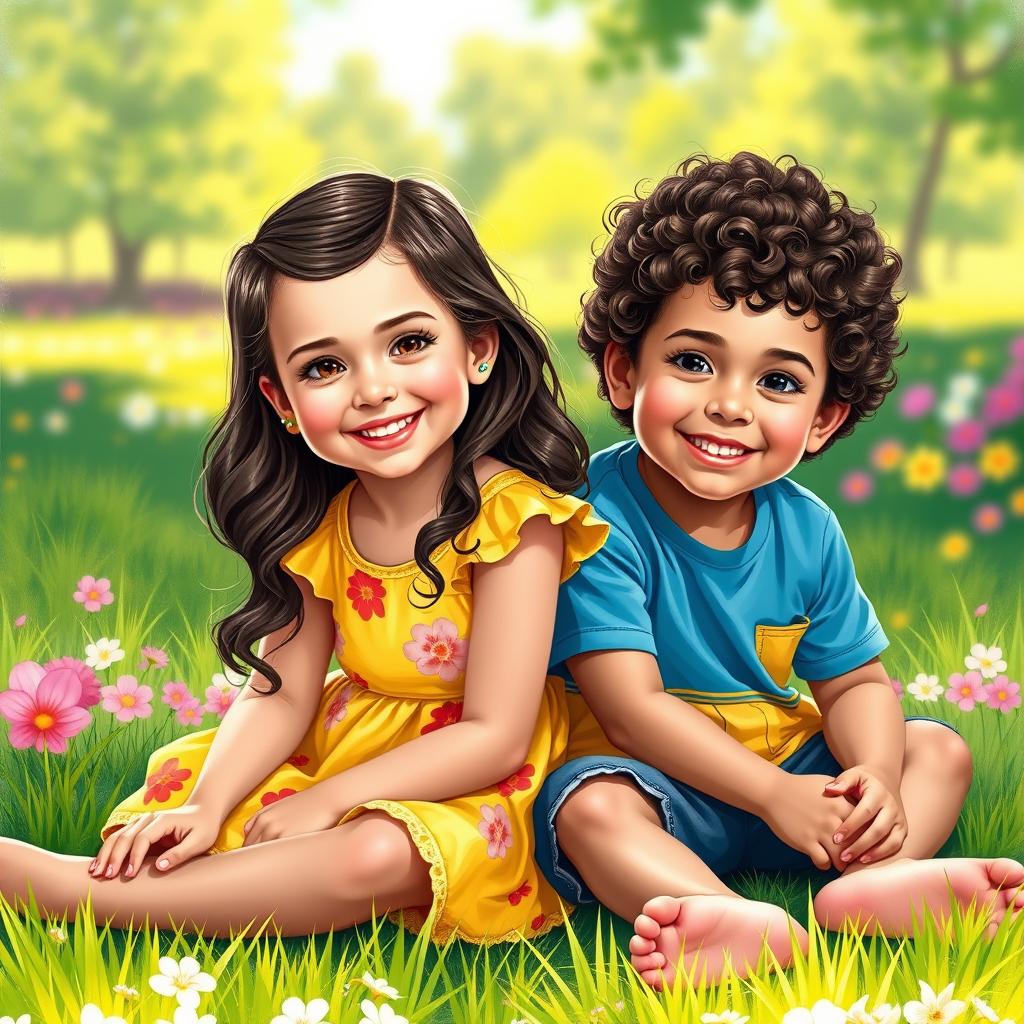 A realistic artistic portrait of two five-year-old children, a girl and a boy, sitting together in a playful pose