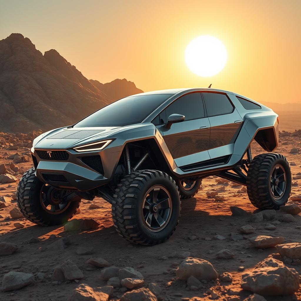 A striking alien vehicle inspired by a Lamborghini, standing at 3 meters tall and resembling a large Tesla pickup truck