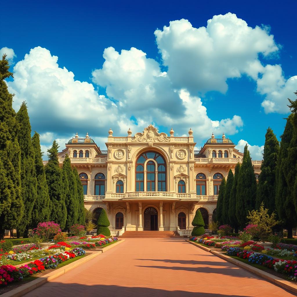A stunning palace backdrop showcasing intricate architectural details, arched windows, and ornate carvings