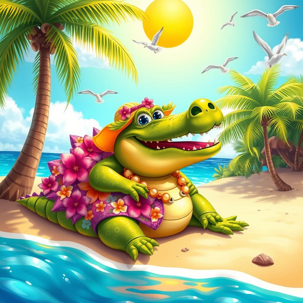 A whimsical and imaginative portrayal of a crocodile named Bombrdlo, wearing a vibrant and colorful tropical outfit with flowers and patterns