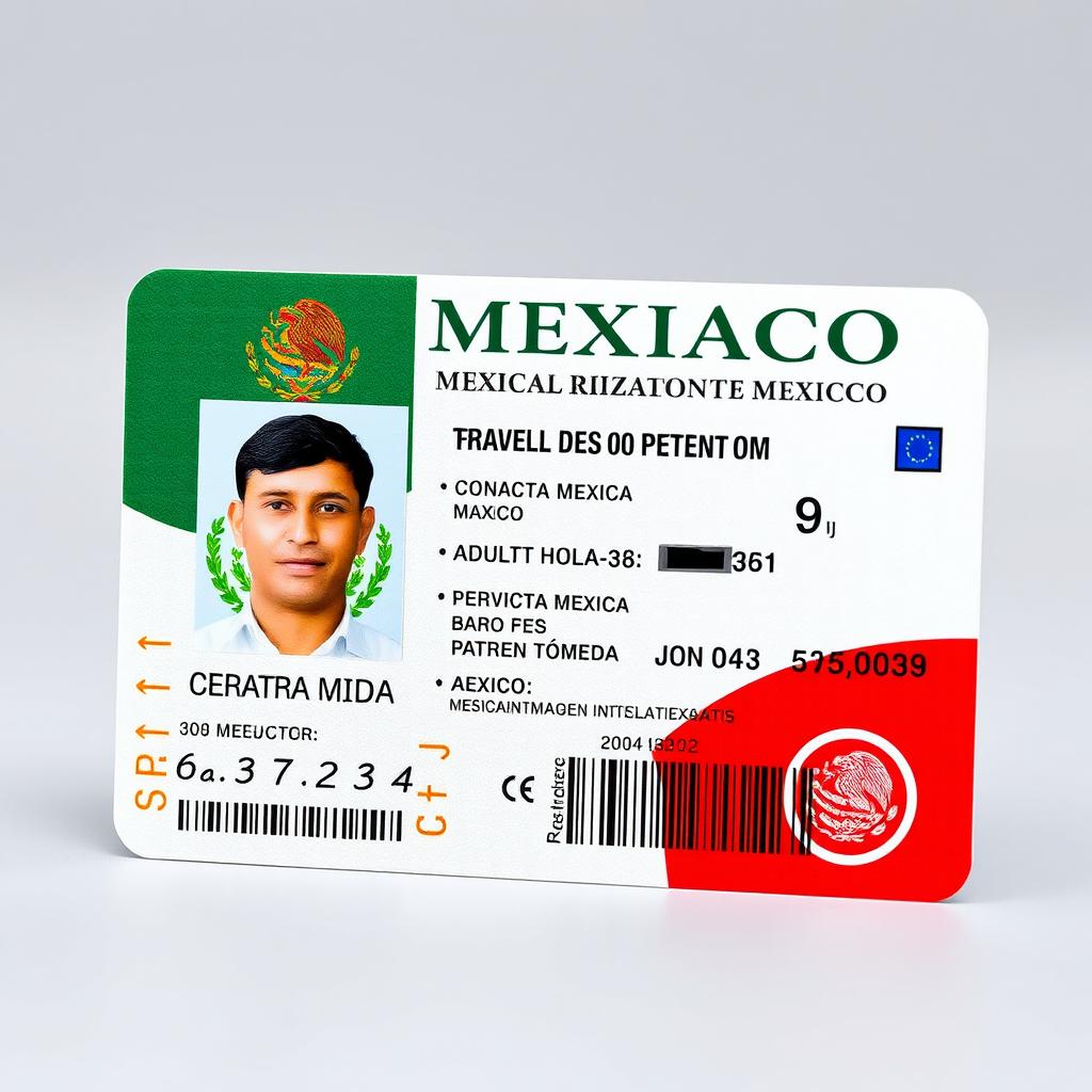 A realistic Mexican ID card featuring a vibrant design with traditional colors like green, white, and red