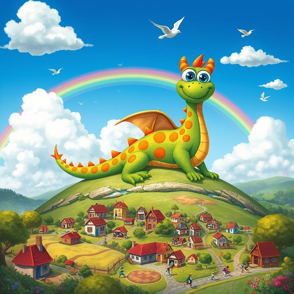 A colorful and whimsical landscape featuring a large, friendly dragon named Tom