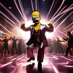 Homer Simpson in a glossy suit, belting out moves on a nightclub dance floor. Spotlights streak across him, illuminating his enthusiastic, albeit clumsy, dance performance.