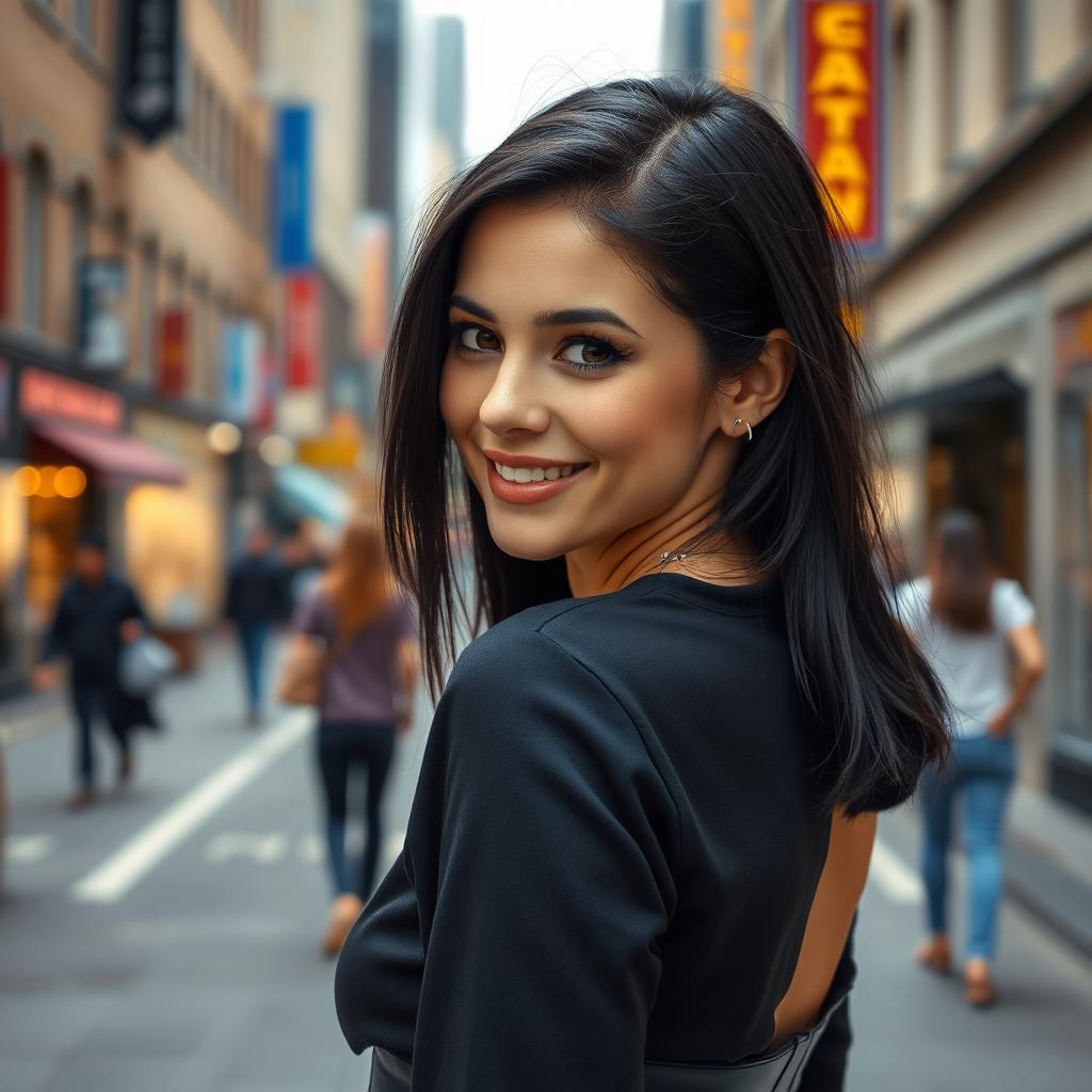 A photorealistic image of a beautiful lady in a city setting, captured in ultra high resolution with exceptional detail in her face and eyes
