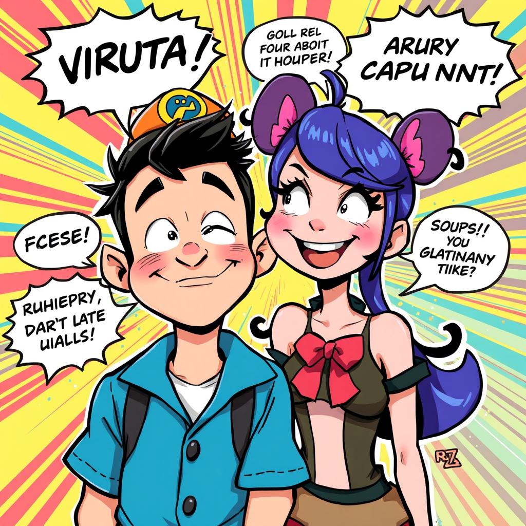 A vibrant comic-style illustration featuring Viruta with his signature hat and a funny expression, standing next to Capulina who has her iconic hairstyle and a wide smile, making one of her classic humorous faces