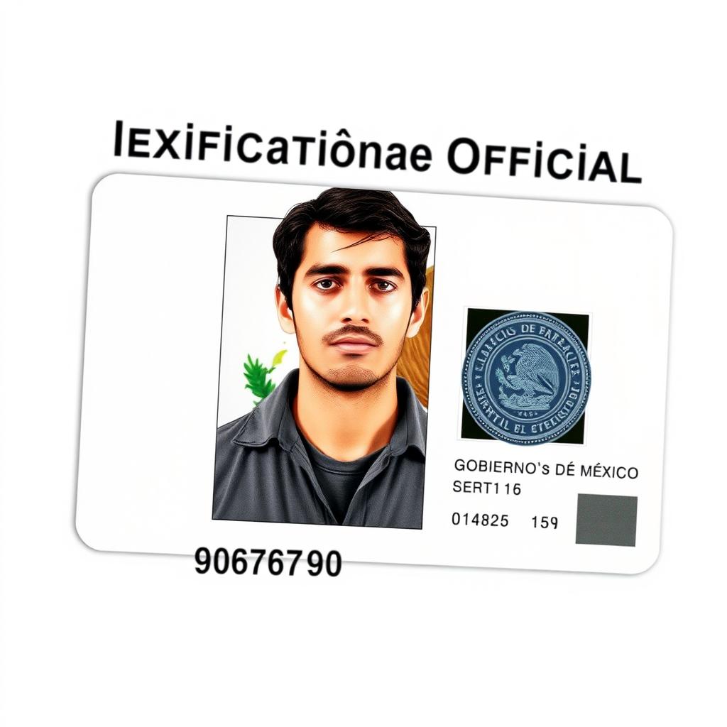 A detailed and realistic identification card from Mexico, featuring the Mexican flag colors of green, white, and red in the background