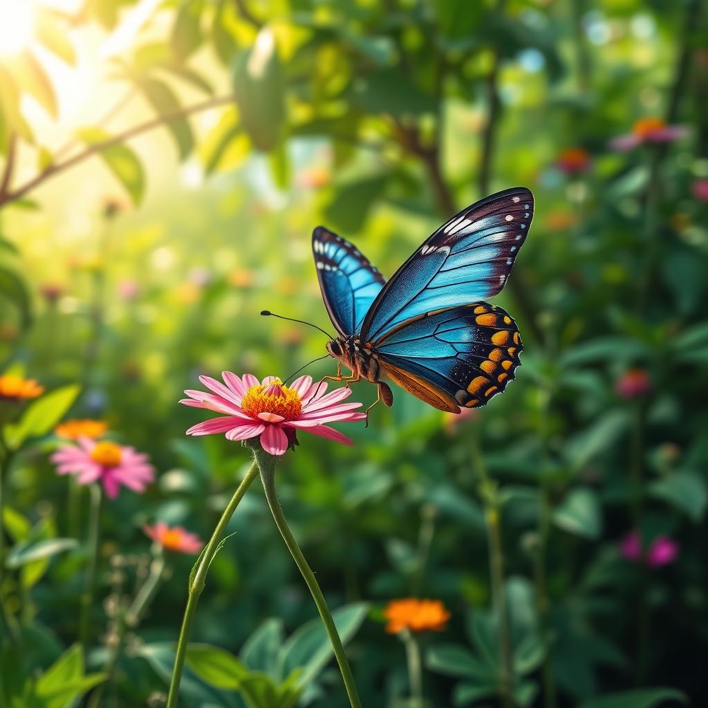 A strikingly realistic butterfly perched on a vibrant flower in its natural habitat, showcasing the intricate details of its wings and body