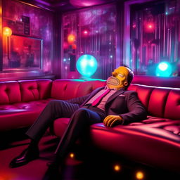 Homer Simpson in a dapper suit, sprawled out asleep on a couch within the vibrant ambiance of a nightclub. His calm slumber presents a humorous contrast against the backdrop of pulsating lights and music.