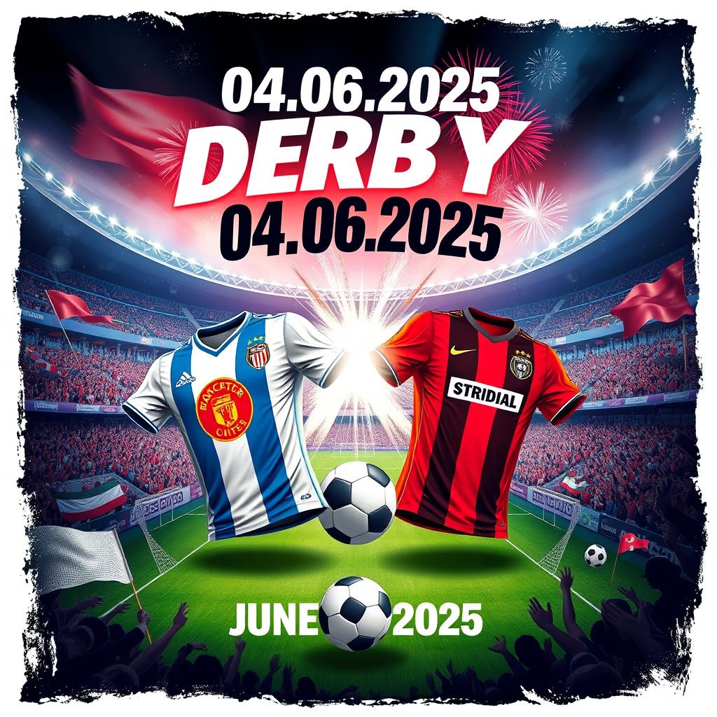 An exciting promotional poster for a derby match taking place at the Bieliny stadium on June 4th, 2025