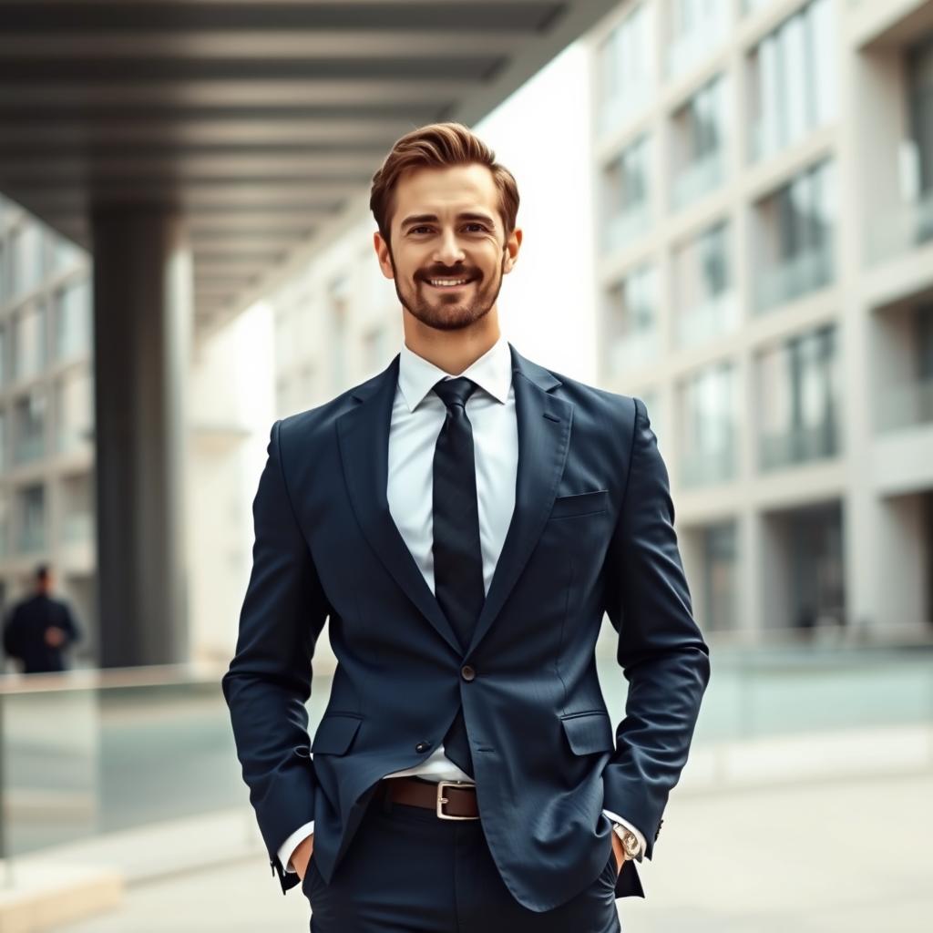 A confident man standing in a professional attire, featuring a tailored navy blue suit, crisp white dress shirt, and a stylish tie