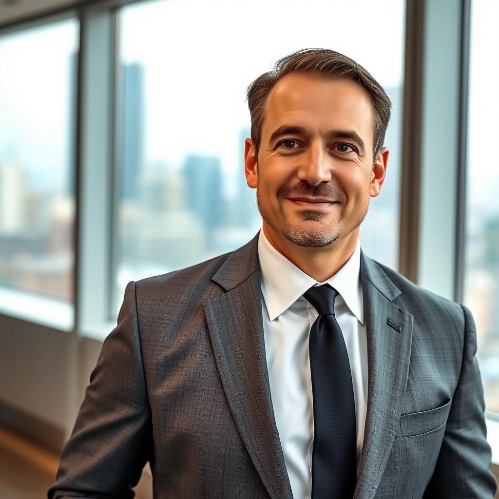 A real man in a professional attire, wearing a tailored gray suit with a polished black tie and a crisp white shirt, exuding confidence and professionalism