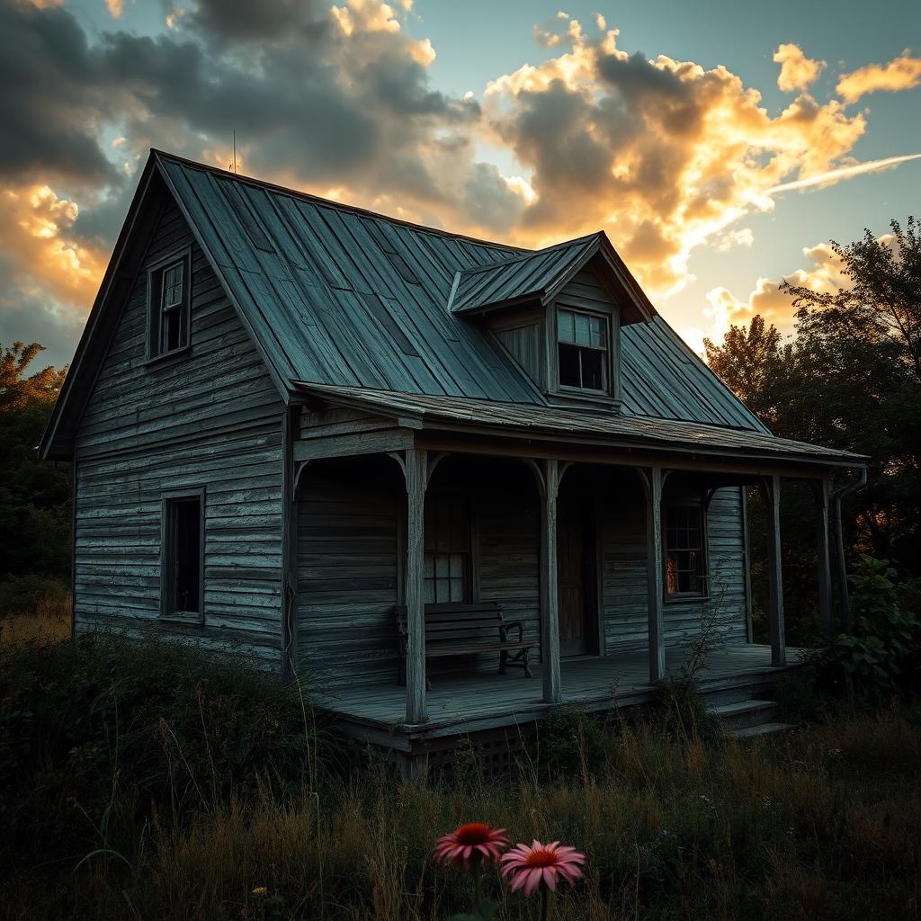 An old, distressed house showcasing weathered wood, peeling paint, and a sagging roof, surrounded by overgrown vegetation and wildflowers