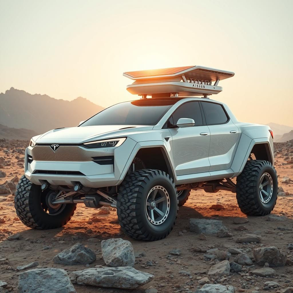A grand alien vehicle designed like a large Tesla pickup truck, standing at 3 meters tall