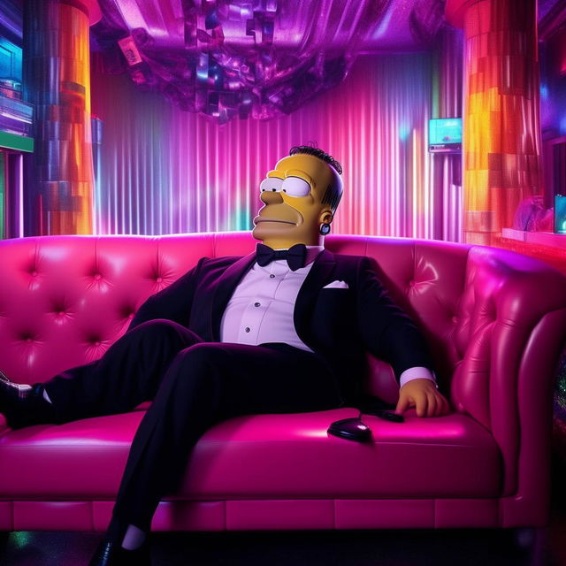 Homer Simpson in a dapper suit, sprawled out asleep on a couch within the vibrant ambiance of a nightclub. His calm slumber presents a humorous contrast against the backdrop of pulsating lights and music.