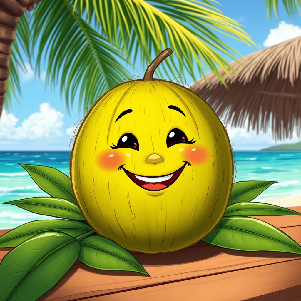 A detailed, vibrant illustration of a smiling buko (young coconut) with a cheerful expression, featuring its green and brown textured husk