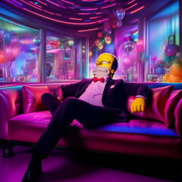 Homer Simpson in a dapper suit, sprawled out asleep on a couch within the vibrant ambiance of a nightclub. His calm slumber presents a humorous contrast against the backdrop of pulsating lights and music.