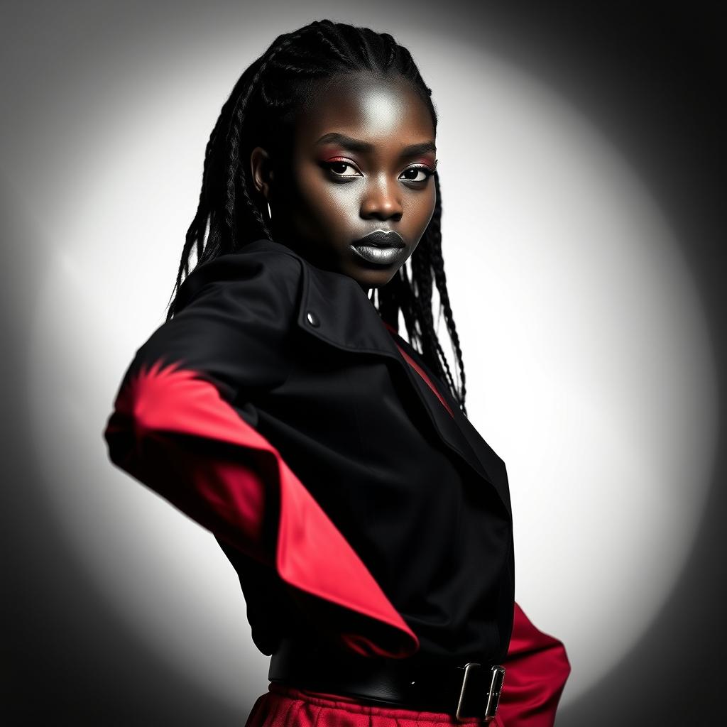A striking portrait of a person standing in front of a dramatic black and white background, showcasing their vibrant colored attire