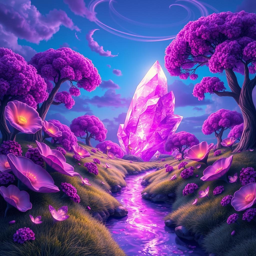 A vibrant image of a fantasy landscape featuring a large, luminous crystal in shades of bright purple, surrounded by whimsical oversized flowers and trees with purple foliage