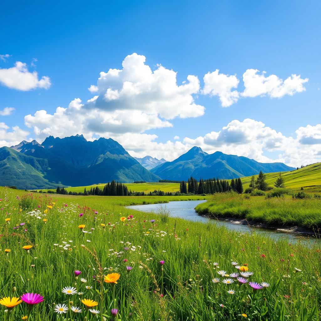 A beautiful and serene landscape featuring a lush green meadow filled with vibrant wildflowers and a peaceful river flowing through it