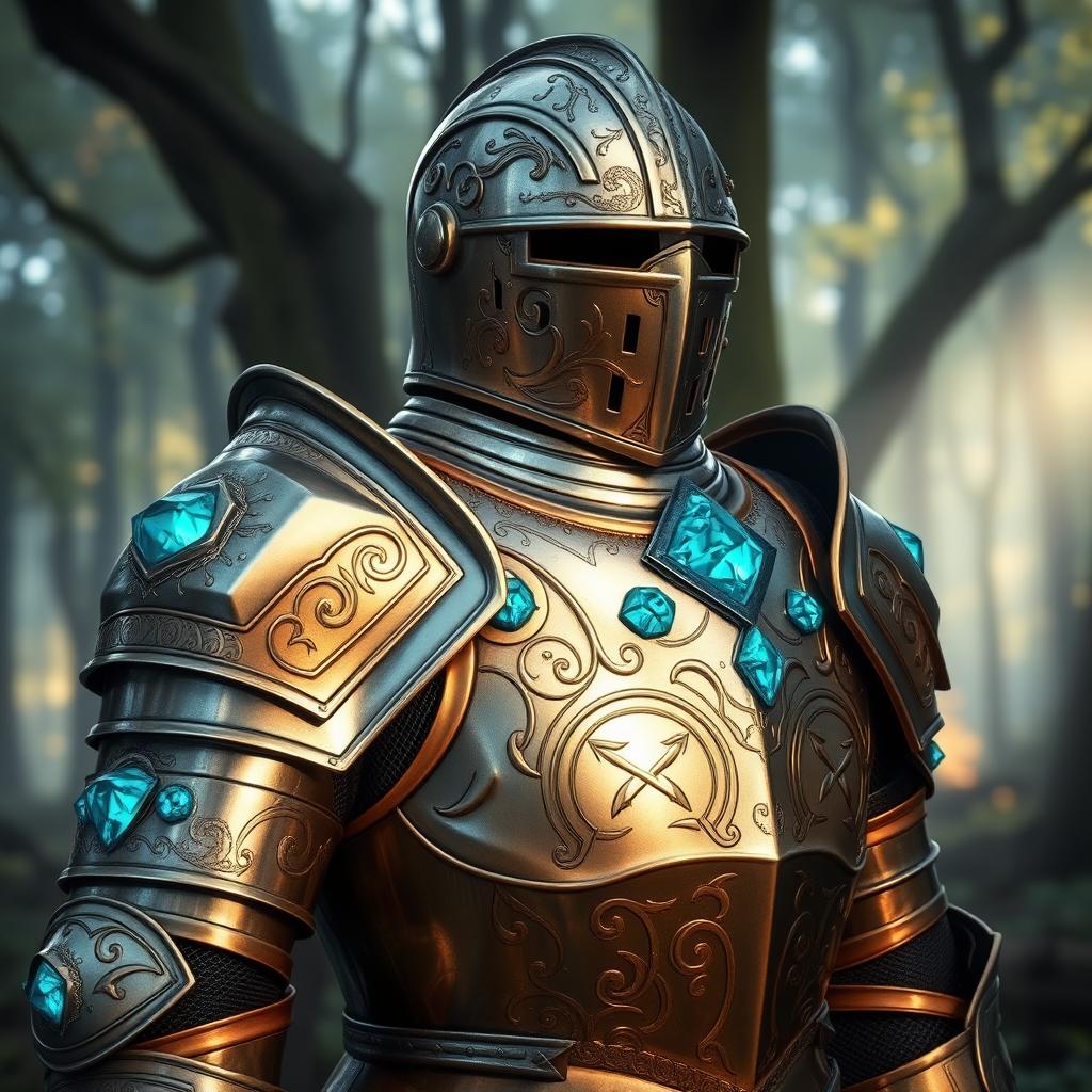 A beautifully detailed suit of armor adorned with turquoise crystals, particularly sparkling on the chest plate and the left shoulder